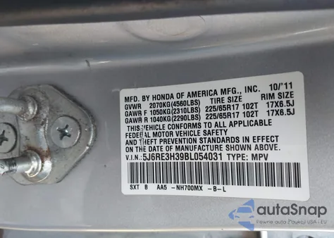2011 Honda Cr-V Lx from USA, damaged, VIN 5J6RE3H39BL054031